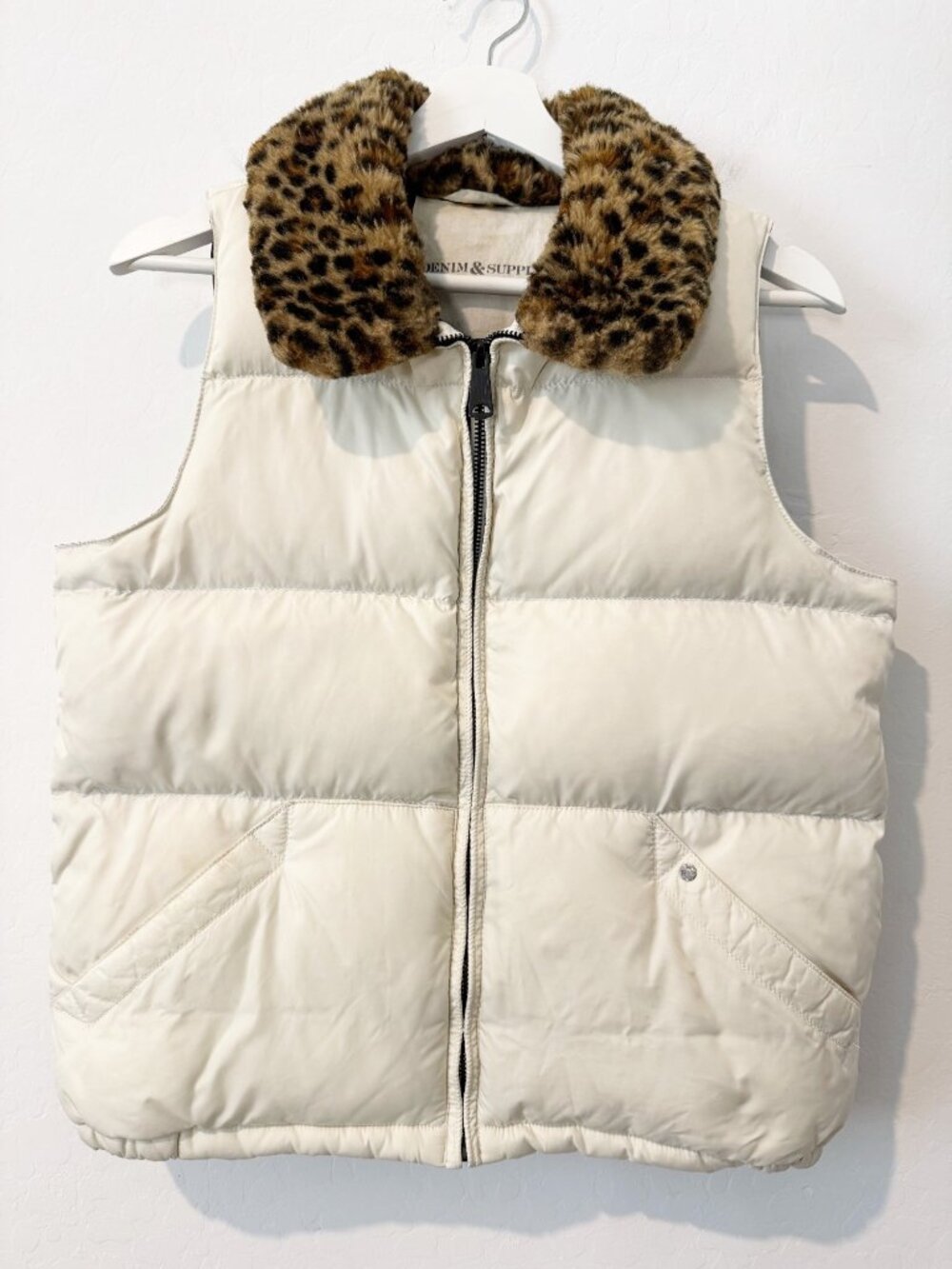 Ralph Lauren Denim and Supply Puffer Vest Size Medium Leopard Collar Apres Ski